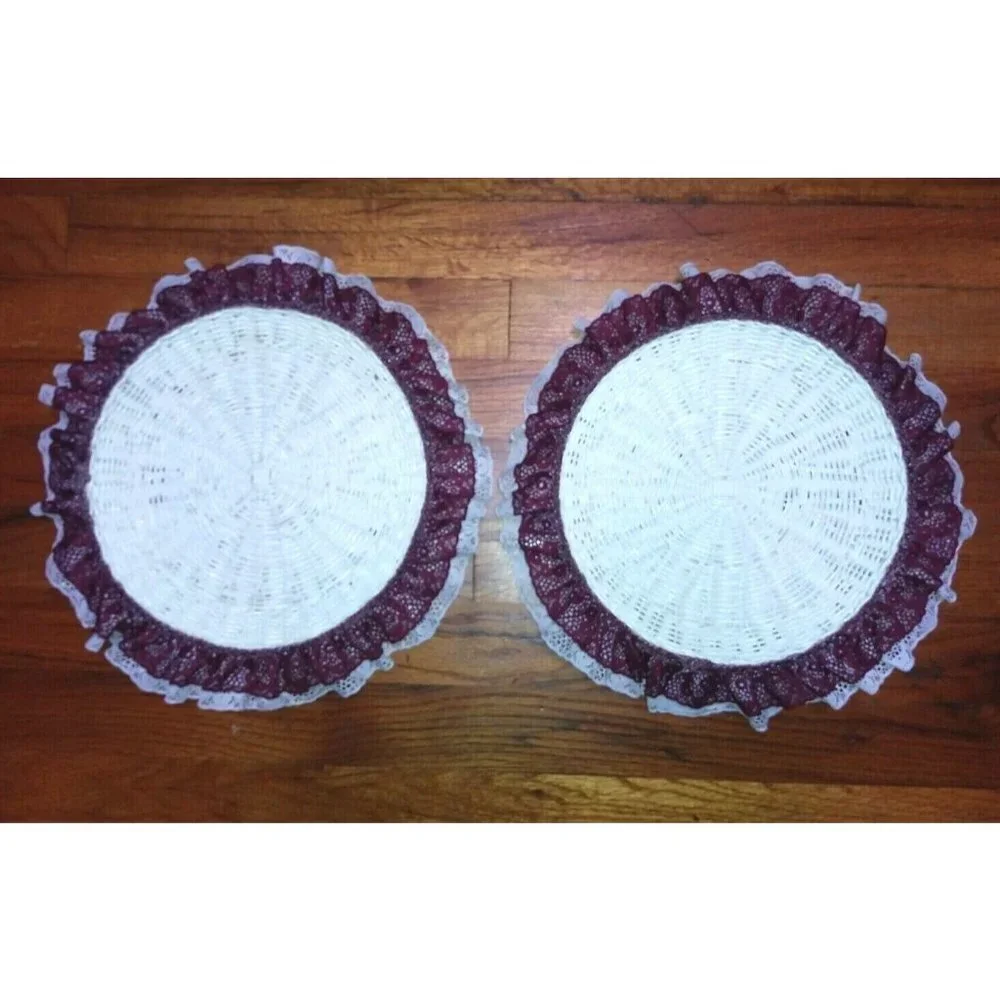 Wicker Hot Plates burgundy Lace border NEW candy/trinket dish/holders Farmhouse